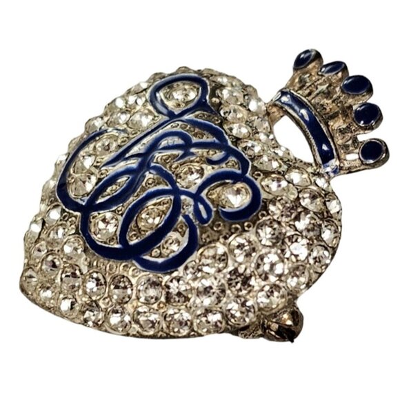 Orient Express Crown Heart Clear Rhinestone Blue Enamel Brooch Pin L234 - Picture 3 of 8
